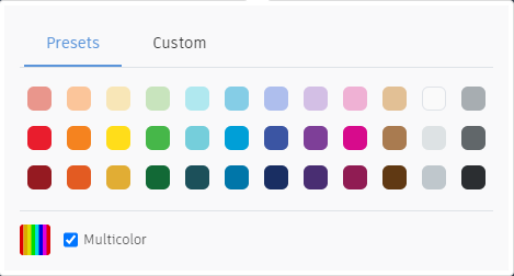 pop-up of colour options. On the top the labels Presets and Custom. In the middle are many different coloured squares. On the bottom is a multicoloured square with a tick box next to it.